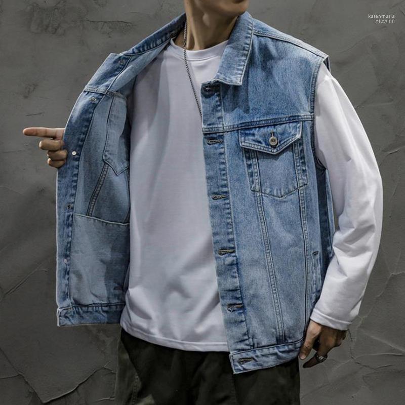 

Men's Vests Mens Denim Vest Japanese Coats Waistcoat Loose Cargo Sleeveless Jacket Male Tank Kare22