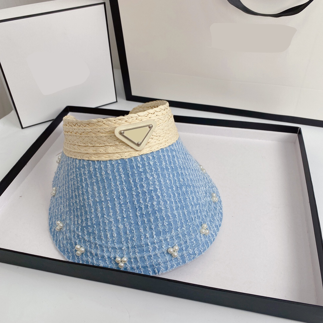 

Designer Visors Women Hat Luxury P Cowboy Patchwork Woven Sun Hat Pearl Denim Top Hats, Blue