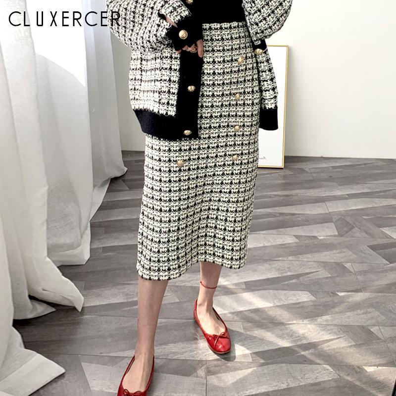 

Autumn Winter Knitted Skirt Double Breasted Plaid Casual Lurex High Waist Elastic Houndstooth Tweed Pencil Midi Skirts, White skirt