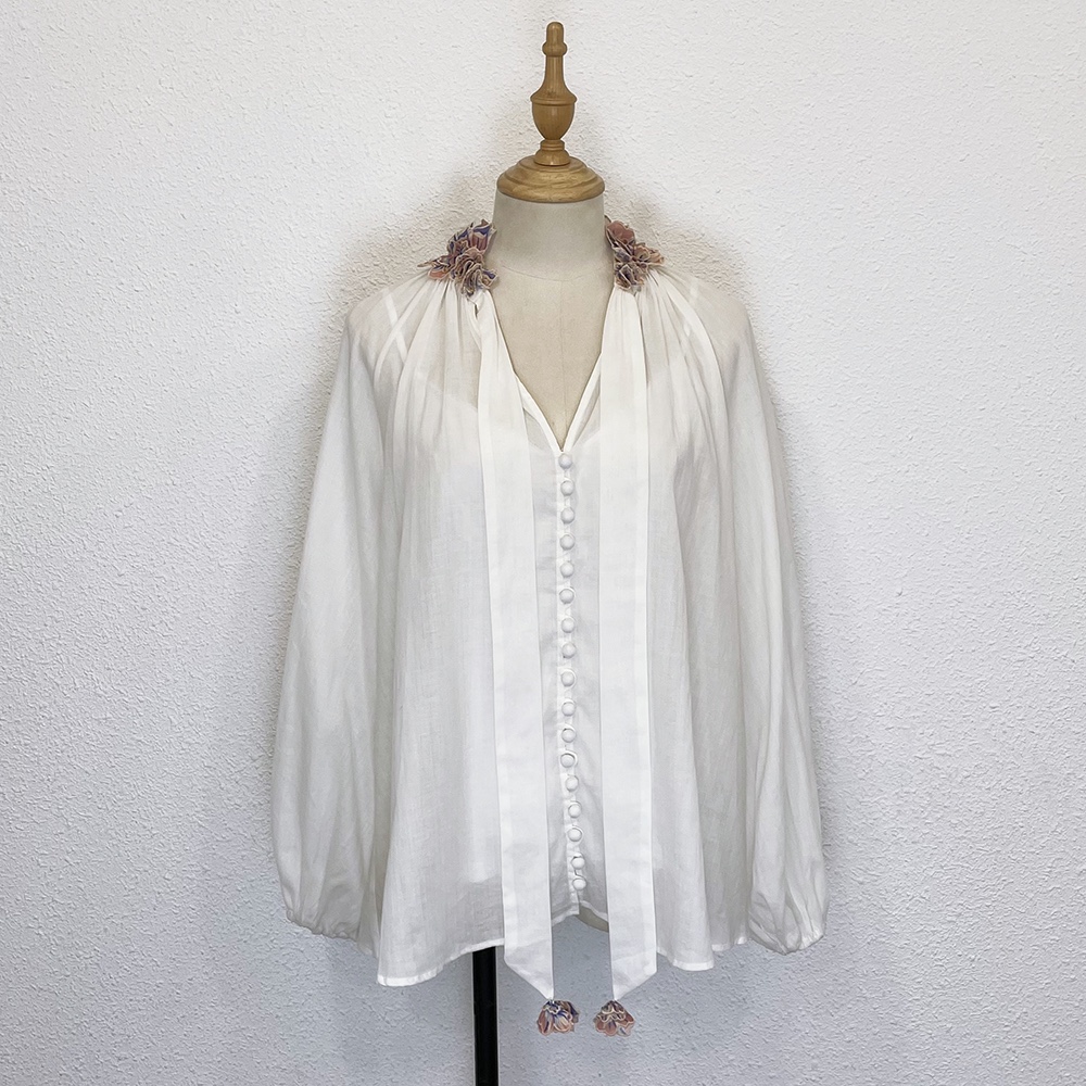 

2022 Australian Women's Blouses & Shirts Lantern Sleeve ramie straight breasted solid color V-neck lace up shirt three-dimensional flower top, Ivory