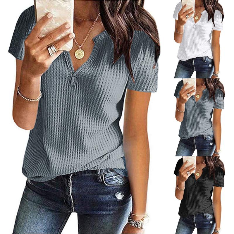 

Women' Blouses & Shirts Summer Oversized T Shirt Women Fashion Knit Short Sleeve Tunic Top V-neck Loose Camisetas De MujerWomen, Black