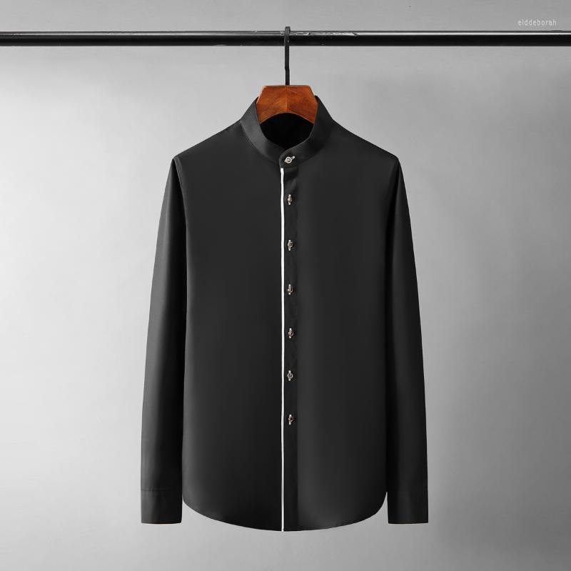 

Men's Casual Shirts Minglu Stand Collar Male Luxury Long Sleeve Metal Button Mens Dress Plus Size 4xl Slim Fit Party Man ShirtsMen's Eldd22, White