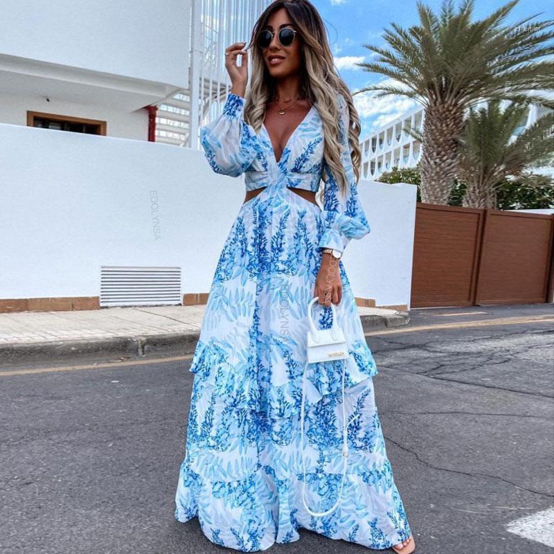 

Casual Dresses Sexy V-Neck Backless Hollow Out Dress 2022 Summer Women Long Lantern Sleeve Club Party Maxi Vestidos De Festa A939, Sky blue