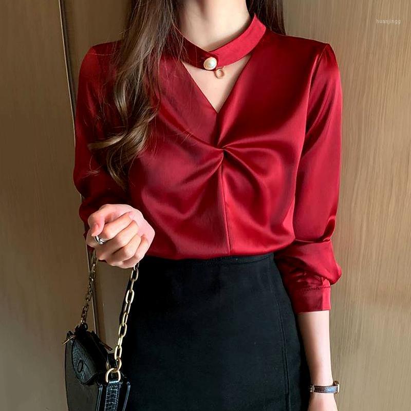 

Women' Blouses & Shirts Women V-Neck Shirt Long Sleeve Blouse Office Lady Satin Silk Tops Plus Size Woman Basic Top, Green