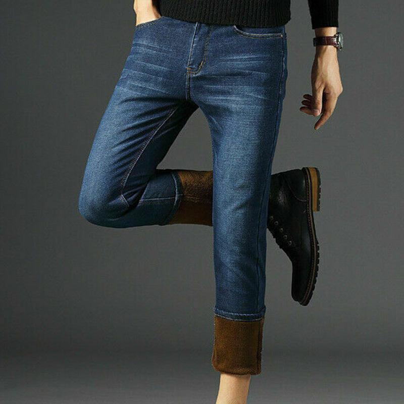 

Men's Jeans Mens Winter Denim Pants Fleece Lined Warm Straight Leg Trousers Thicken Long Plus Size, Blue