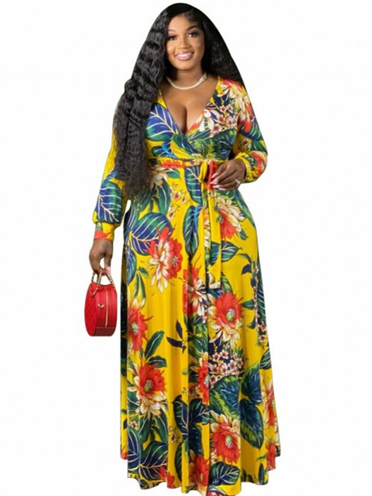 

Plus Size Dresses Women Dress Lace Up V Neck High Waist Robes 2022 Floral Print Fashion Elegant Streetwear Oversize Maxi DressPlus, Blue