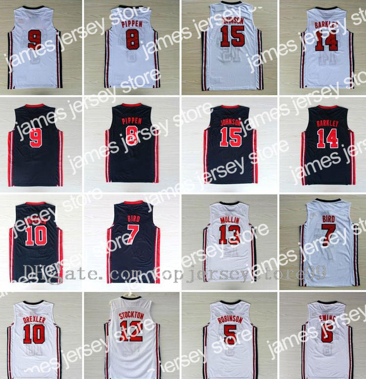 

New College 1992 USA Team Dream Team One John Stockton Jersey Patrick Ewing David Robinson Karl Malone Chris Mullin Johnson Jersey Breathable, As pictures