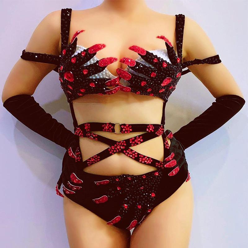 

Stage Wear Talons Glove Black Velvet Rhinestones Bandage Bikini Bodysuit Sexy Nightclub Bar DJ Singer Pole Dance Costumes DT2393Stage, Gloves