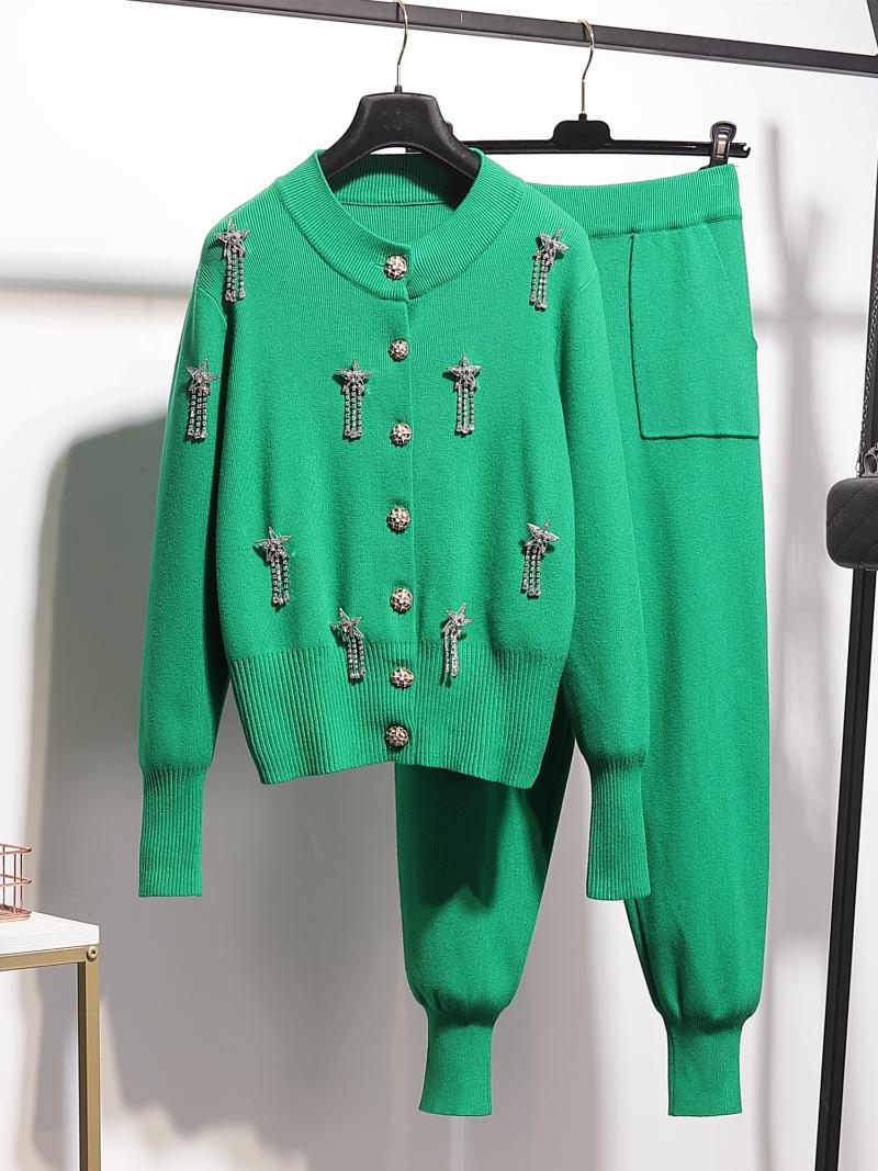 

Women' Two Piece Pants Spring Autumn Female Two-piece Set Diamond Beads Tassel Knitted Cardigans Sweater Coat + Loose Harem Women Knit Suit, Black