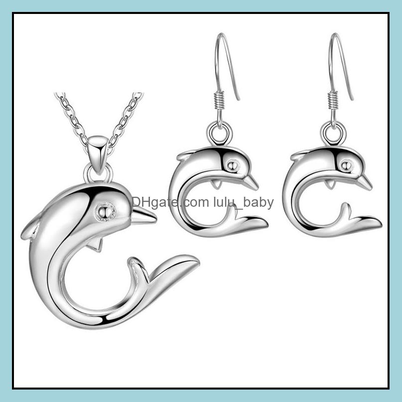 

Earrings Necklace Jewelry Sets Sier Dolphin Pendant Necklaces Set For Women Girl Party Gift Fashion Wholesale 0360Wh Drop Delivery 2021 Dr, Silver