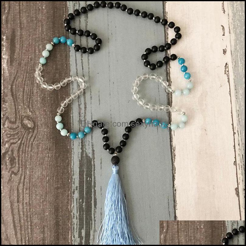 

Chains Necklaces Pendants Jewelry Hand-Knotted Mala Beads Necklace A-Quamarine With Large Lava Stone Guru Bead And Silk Tasse Dhsay