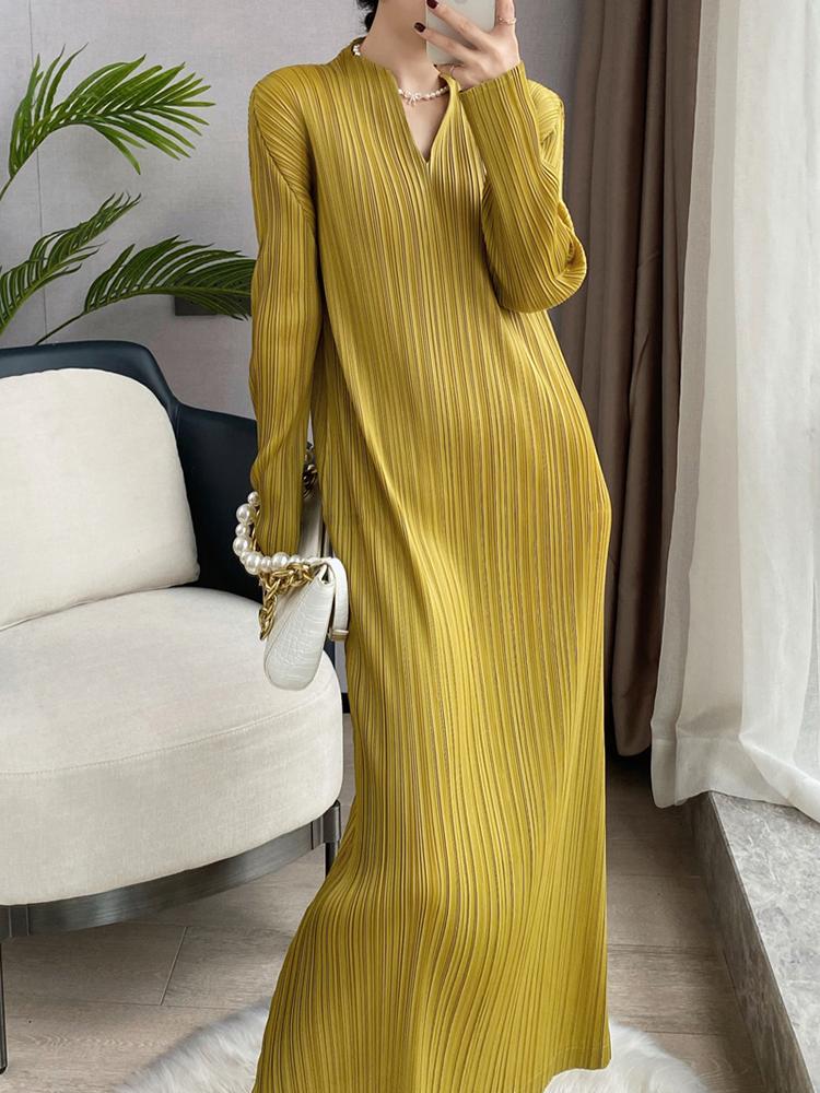 

Casual Dresses Miyake Pleated Korean Fashion Dress Women Designer 2022 Spring Winter Long Sleeve Black Elegant Aesthetic ClothesCasual
