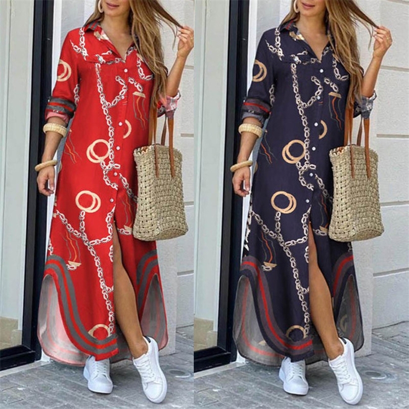 Femmes à manches longues chemise robe décontracté Boho imprimé robes mode été simple boutonnage bouton fête femme Maxi robe Vestidos 220527