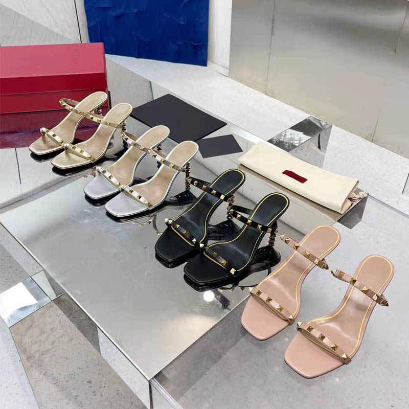 

2022 Spring Summer Ladies High Quality Sandals Designer Metal Heel Half Slipper Slide Beach Lazy Sandals High Heels Large Size 34-40-41 with Box, Pink