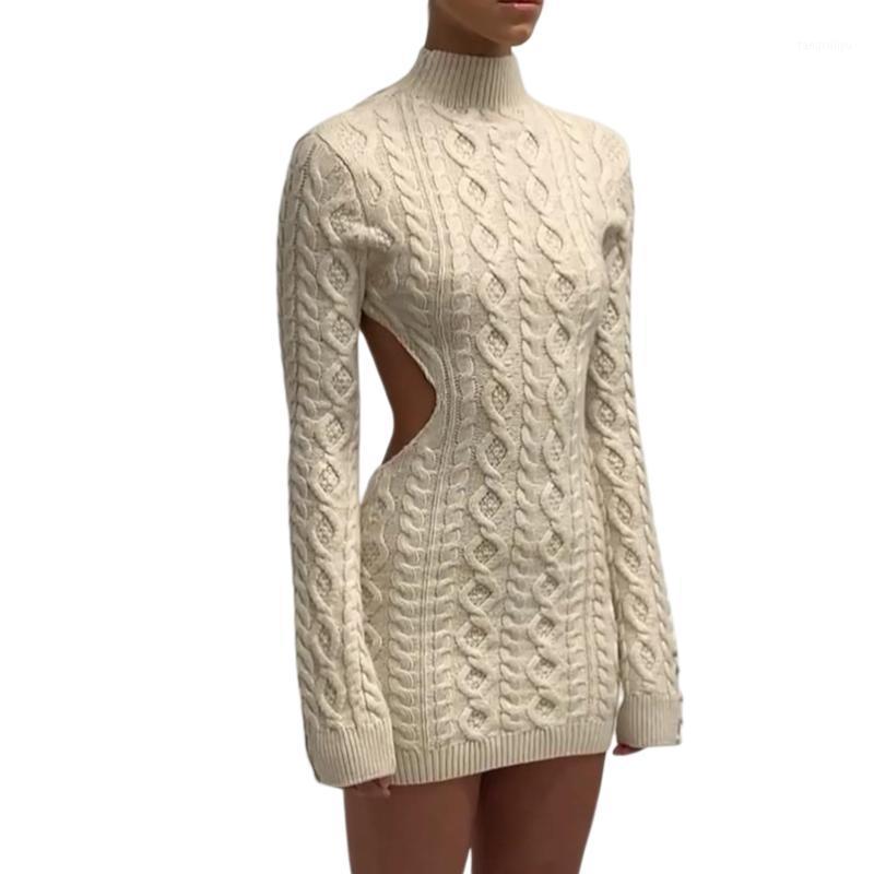 

Casual Dresses 2022 Women Sexy Close-fitting Backless Knitted Dress Beige Solid Color Turtleneck Long Sleeve Mini For Autumn / M/ L/ XL, Creamy-white