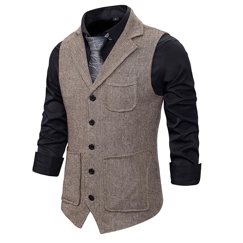 

Men' Vests Mannen Pak Vest 2022Fashion Koreaanse Meerdere Zakken Visgraat Tweed Heren Formele Zakelijke Slim Fit Mouwloze Jas, Khaki
