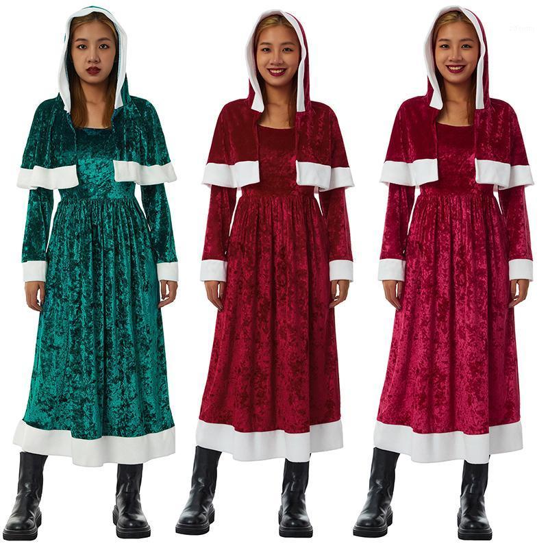 

Casual Dresses Women Christmas Clothes Set, Scoop Neckline Long Sleeve Dress And Shawl With Hood, Red/ Dark Green/ Wine Red