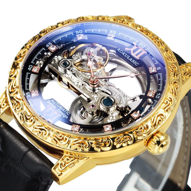 

Wristwatches Fashion Luxury Watch For Men Mechanical Carved Transparent Skeleton Golden Bridge Leather Strap Luminous Pointers