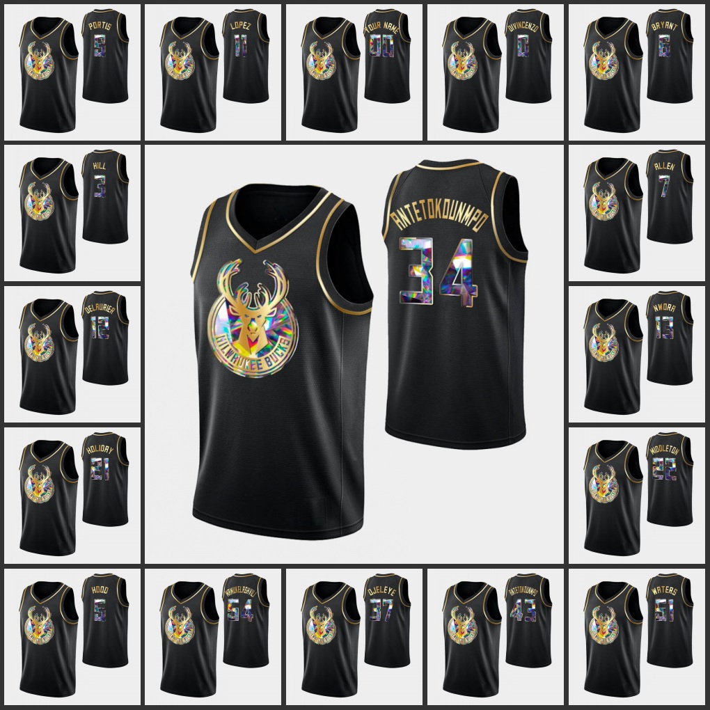 

Milwaukee Bucks''Giannis Antetokounmpo Jrue Holiday Rodney Hood Bobby Portis Grayson Allen Javin DeLaurier Elijah Bryant Custom 75th Diamond Black Jersey