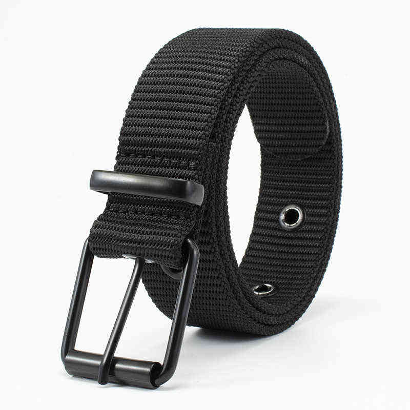 

New Nylon Eyelet Pin Buckle Belt Man Fashion Square Buckle Iron Alloy Belts Male Jeans Sport Outdoor Waistband 2021 Brand Design Y220419, Black