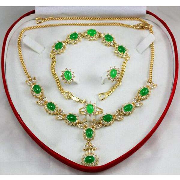 

Green Jade 18K Gold Plated Jewelry Set Earrings Bracelet Necklace Ring set, Light green