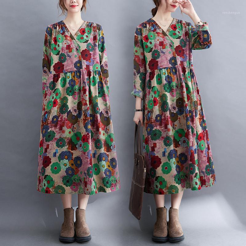 

Casual Dresses 2022 Arrival Print Floral Vintage Autumn Dress V-neck Cotton Linen Office Lady Work Women Spring Midi, As picture