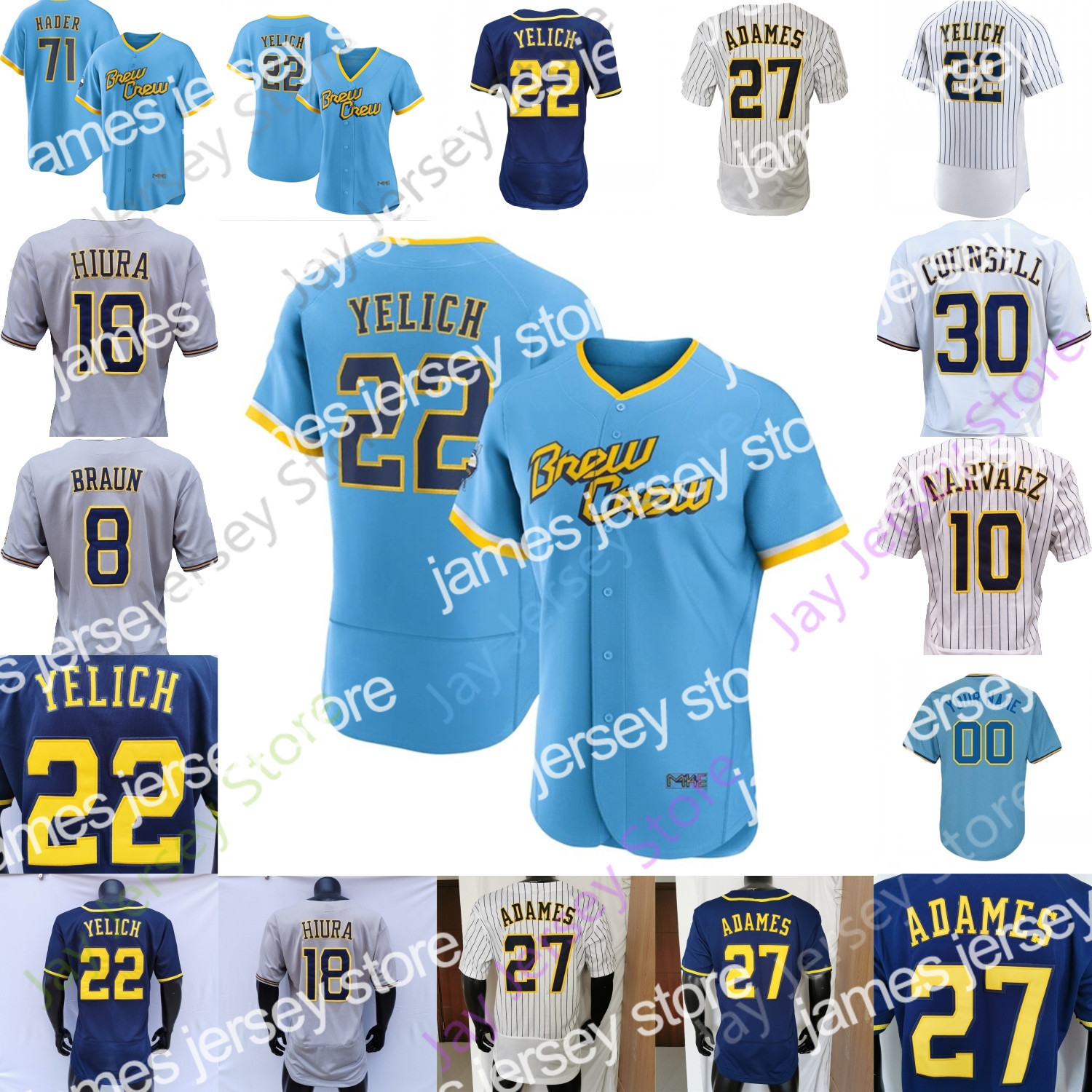 

James 2022 City Connect Brew Crew Jersey Christian Yelich Aaron Ashby Josh Hader Willy Adames Keston Hiura Luis Urias Andrew 24 McCutchen Corbin, Fan's versions pinstripe