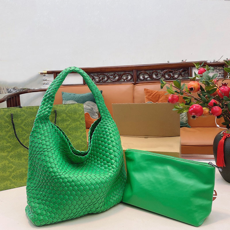 

Woven Shoulder Shopping Bag Knitting Green Tote Genuine leather Large Capacity Women Crochet Bags Classic Two piece set 40cm Contracted Same style in INS, Gift box