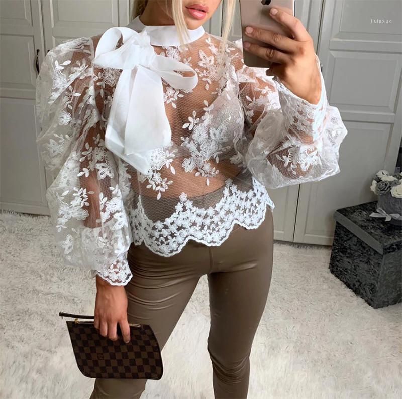 

Women' Blouses & Shirts Crochet Sheer Mesh Long Puff Sleeve Shirt Tops Loose Casual Blouse, Black