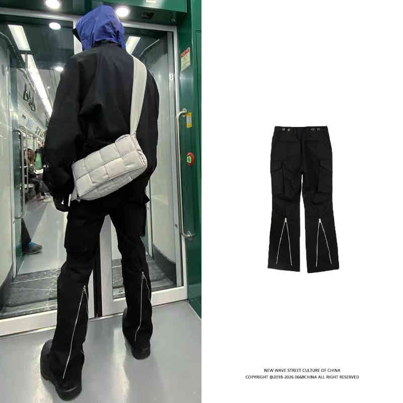 

Cmmawear Back Zipper Vibe Fenggao Street Micro Horn Functional Overalls Men's Fashion Niche Leisure Pants, Black