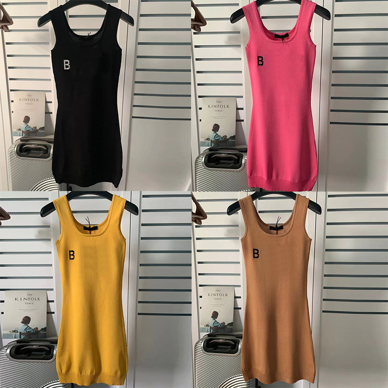 

Spring Summer Slim Dresses Ladies Sleeveless Solid Dress Soft Elastic Knit Dresses Designer Letter Europe America Street Style Dress, Pink