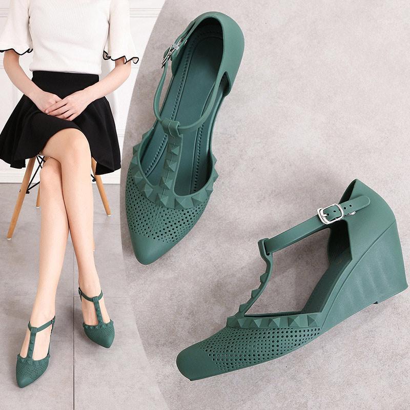 

Women's Wedge Sandals Women T Strap Pointed Toe Buckle Jelly Shoes Ladies Hollow Out Fashion Female Casual Spring, Blue