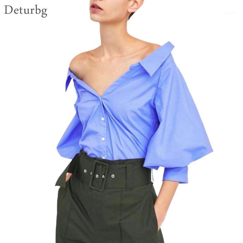 

Women's Blouses & Shirts Deturbg Womens Sexy Off The Shoulder Tops Female Casual 3/4 Lantern Sleeve Deep V Neck Blue Blouse 2022 Spring Br50