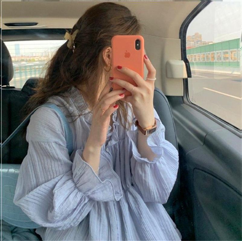 

Women's Blouses & Shirts Summer Lace Decoration Lotus Leaf Sleeve Shirt Women Korean Style Temperament Long-sleeved Top, Beige