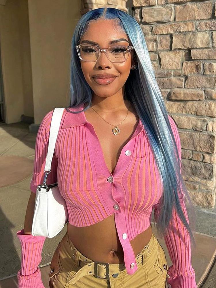 

Women' Knits & Tees Sifreyr Fashion Rib Knitted Cardigans Sweater Women Casual Buttons Flared Sleeve Y2k Coats Streetwear Slim Irregular To, Pink