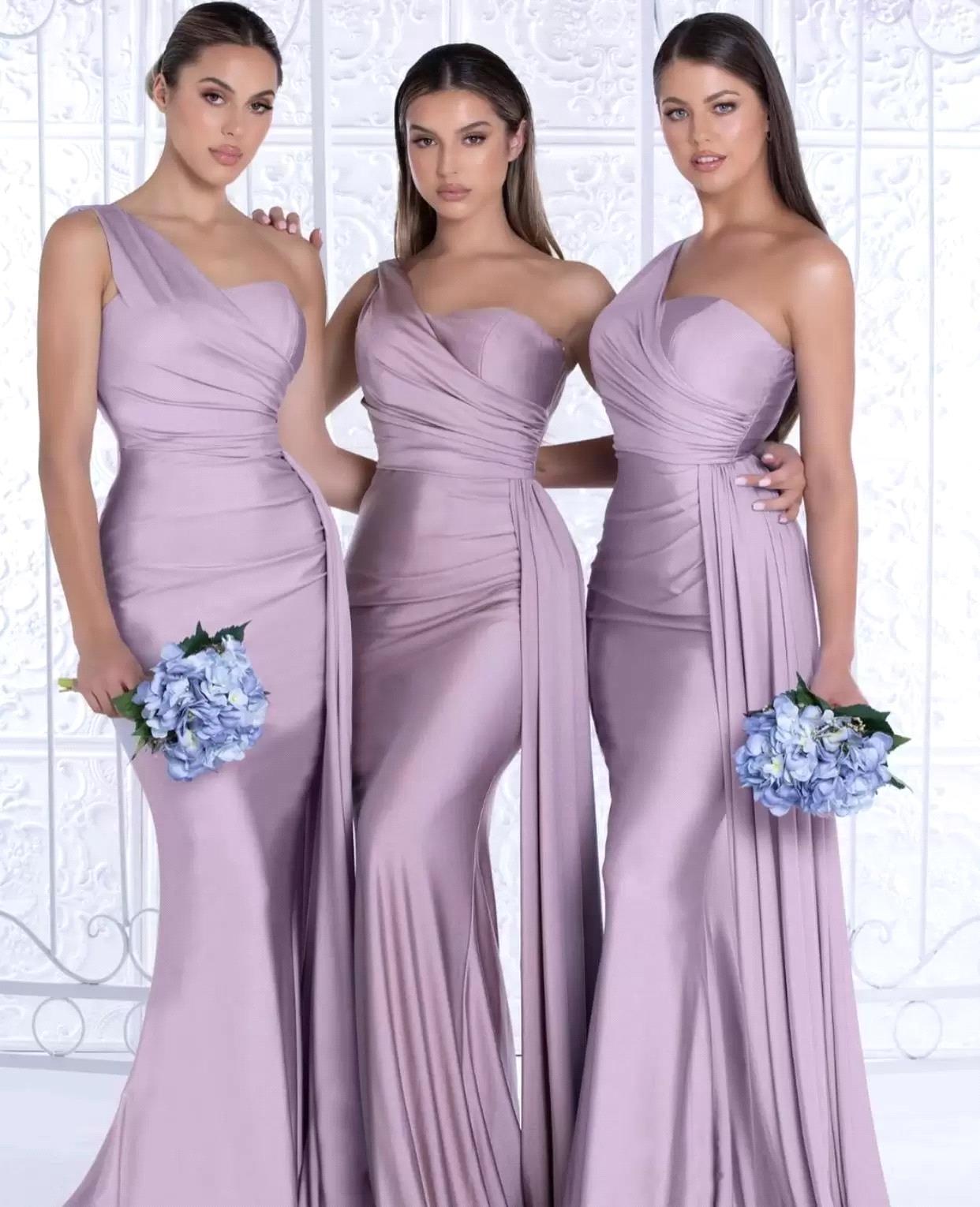 

Elegant One Shoulder Spandex Satin Mermaid Bridesmaid Dresses 2022 Sweetheart Ruched Sweep Train Wedding Party Guest Bridesmaid Gowns
