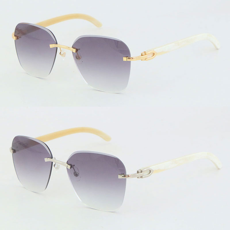 NIEUWE Designer Metal Rimless Original White White Natural Horn Sunglasses Diamond Cut Lens Fashion met C Decoratie Zonneglazen 18K Gold Frames Maat: 61-18-140 mm