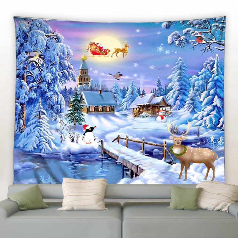 

Tapestries Christmas Tapestry Santa Claus Elk Tree Snow House Snowman Background Wall Hanging Holiday Decor Blanket