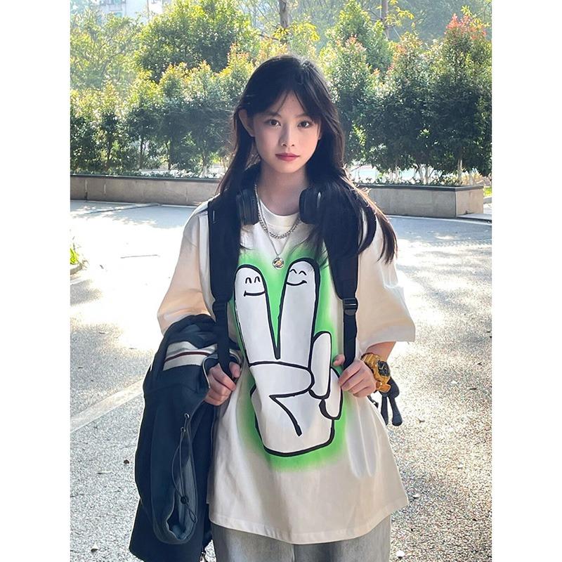 

Women's T-Shirt Summer Large Size Short Sleeve Women T-shirts Round Neck Thumb Smile Print Cotton Tops Streetwear Oversize Long TeesWomen's, White