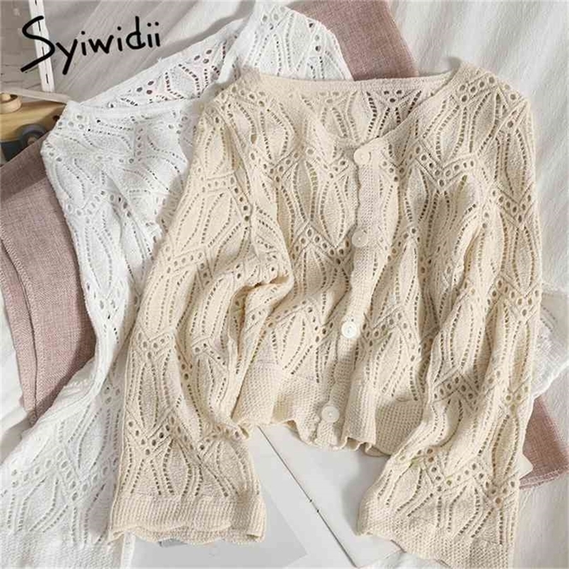 

Button Up Knitted Blouses Womens Summer Korean Hollow Out Long Sleeve V Neck Office Lady Short Shirt White Apricot 210607