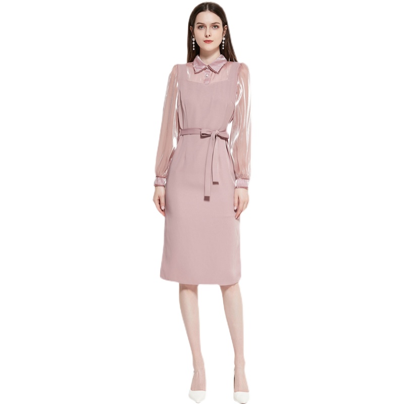 

Long Sleeve Party Cocktail Pink Dress Woman Designer Sweet Solid Color Lapel Slim Fit Stylish A-Line Shirt Dress 2022 Spring Autumn Runway Women Elegant Casual Frock