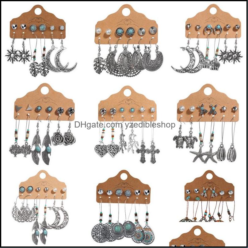 

Hoop Hie Earrings Jewelry 6 Pair/Set Earring Female Diy Antique Sier For Women Big Moon Sun Feather Heart Boho Set Fashion Drop Delivery 2