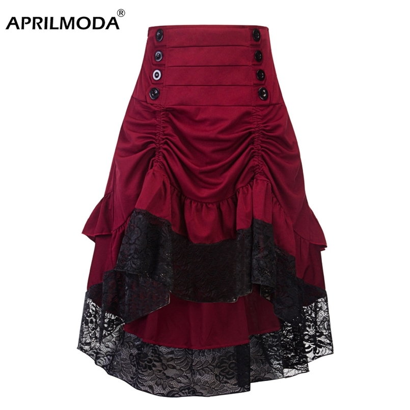 

Costumes Steampunk Gothic Skirt Lace Women Clothing High Low Ruffle Party Lolita Red Medieval Victorian Punk Skater Button Front 220402, Belt