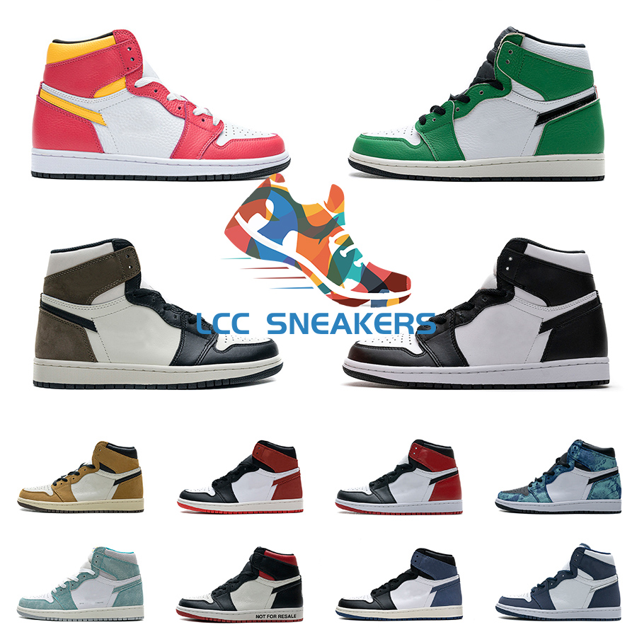 

Mens 1 Basketball Shoes 1s High Top Hi TS Lucky Green Black Toe Bred Pine Tie Dye Dark Mocha Patent UNC Light Fusion Red Game Royal Phantom Sahdow Neutral Grey Sneakers, Shown