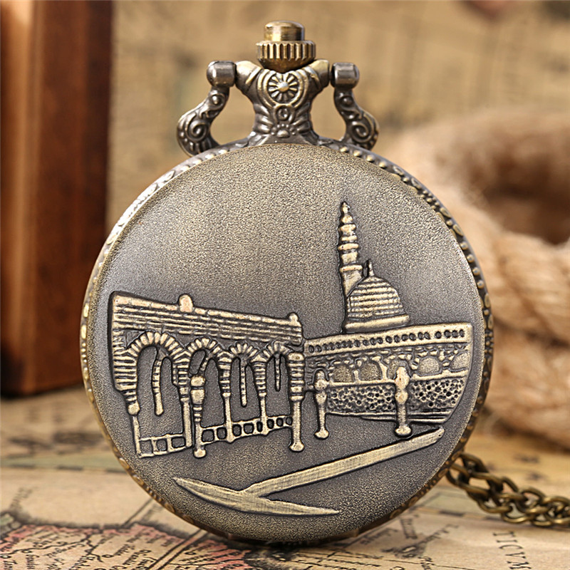 

Bronze Engraved Castle Design Pocket Watch Men Women Quartz Analog Display Clock with Necklace Chain Timepiece Gift