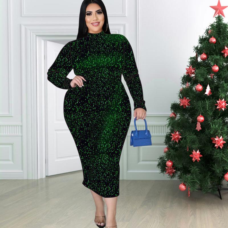 

Plus Size Dresses For Women Party Fashion Half Turtleneck Long Sleeve Sequins Glittering Sexy Midi Dress 4xl Urban LadyPlus, Green