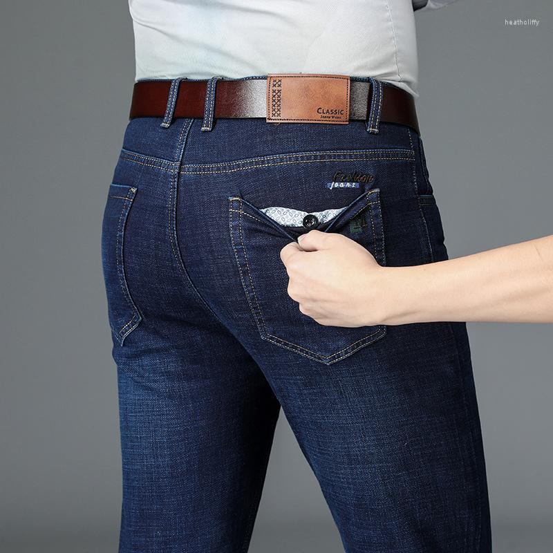 

Men's Jeans Four Seasons Men's Anti-Theft Button Business Fashion Loose Straight Casual Denim Trousers Male Brand Stretch PantsMen's Hea, Blue