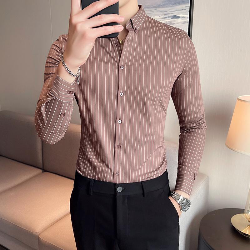 

Men's Dress Shirts Spring Autumn 2022 Brand Fashion Luxury Casual Slim Fit Long Sleeve Streetwear Handsome Striped Male Chic Tops W127Men's, Khaki