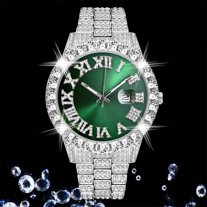 

Iced Out Luxury Full Diamond s es AAA CZ Quartz s Watch Waterproof Hip Hop Male Clock Gift For Men 220526, Silver red