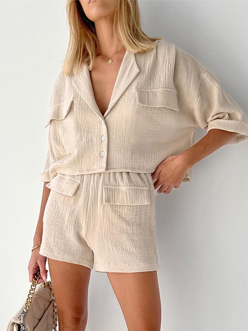 

Women' Tracksuits Women Spring Summer 2022 Loose Fit Solid Khaki 2 Two Piece Set Elegant Fashion Outfits Blouse Shorts Sets For WomenWomen